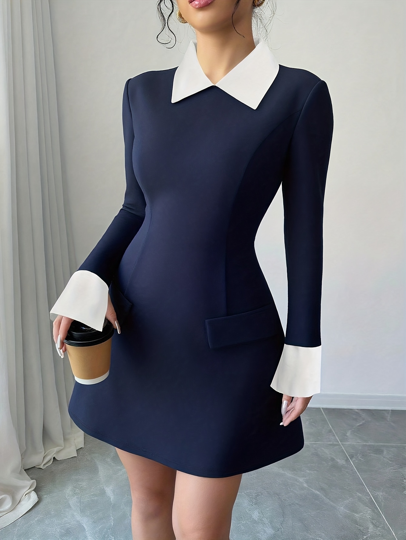 Women's Elegant Black White Formal Office Party Dress Long