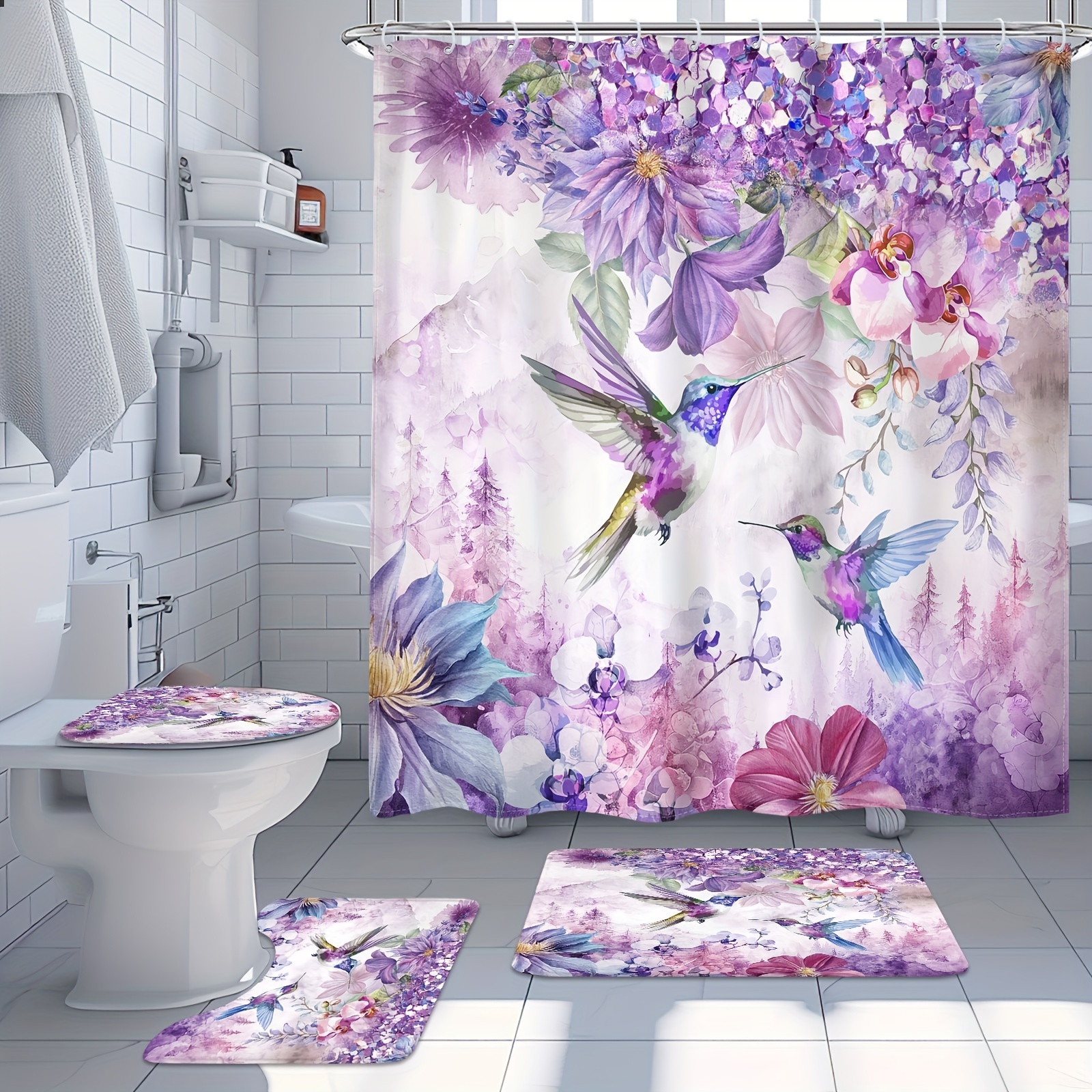 4 piezas - Juego de cortina de baño * 2D con flores moradas y colibríes,  cortina de baño con ganchos, alfombra antideslizante para baño, alfombra *  de U para inodoro * para asiento de inodoro, ..., image size:1600x1600