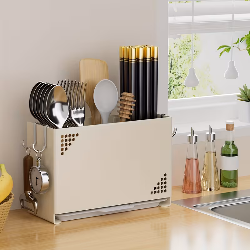 1pc wall mounted chopstick holder space saving kitchen organizer with cutlery slots countertop utensil rack with built in drainage system for home and restaurant use suitable for chopsticks spoons spatulas compact countertop or wall rack Product details 0