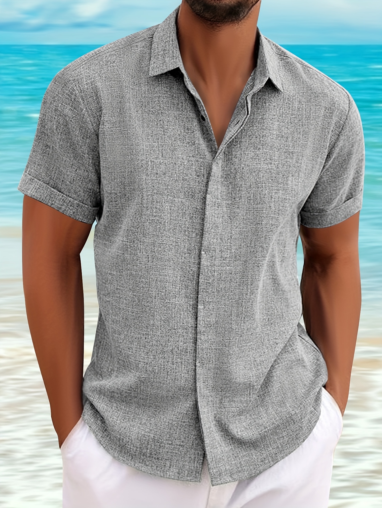 Men's Gray Lapel Short-Sleeve Shirt – Casual & Formal Invisible Button Top