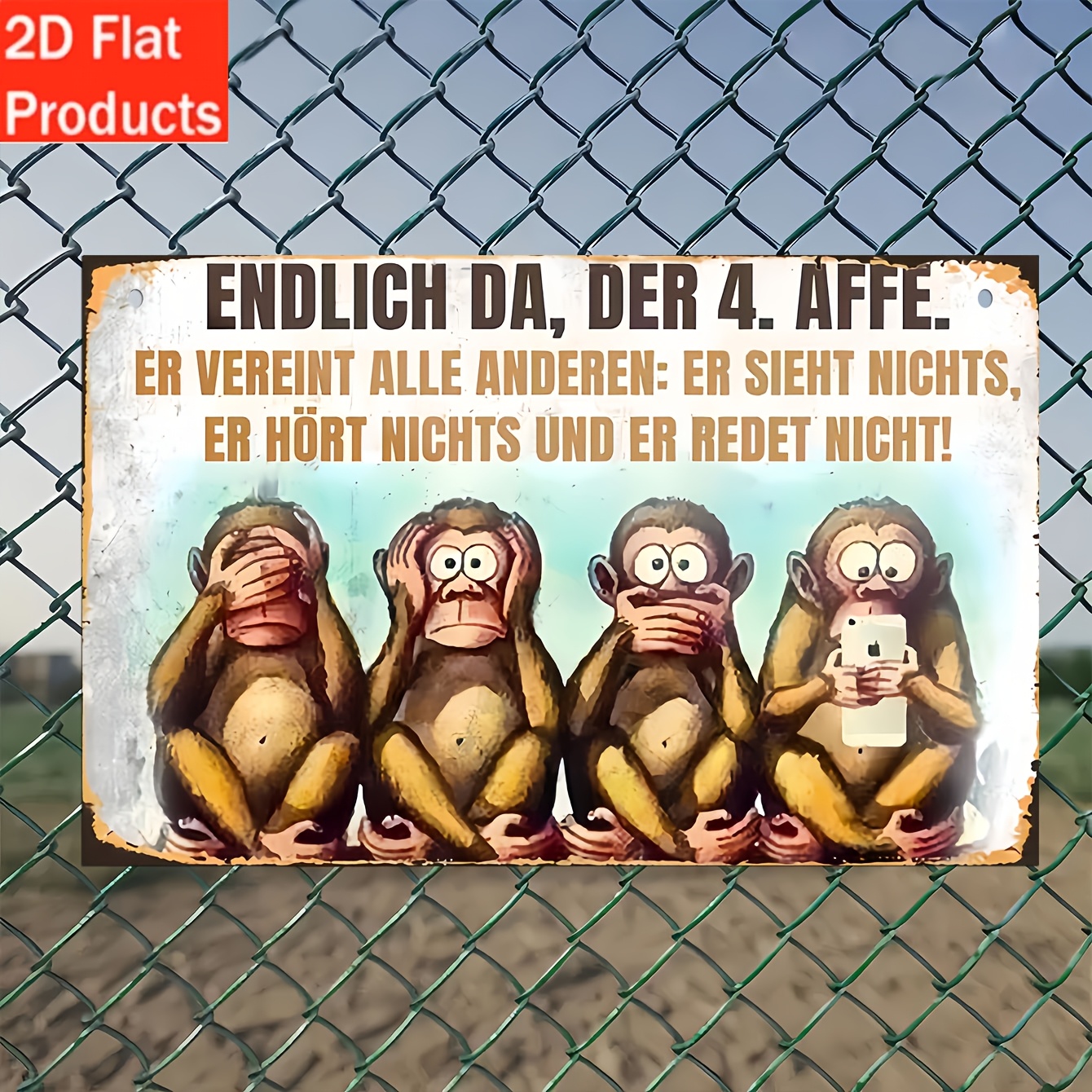 E-shop 2D Flach, . Wandschild mit weisem Spruch der vier Affen - Retro-Sprichwort-Plakette mit vorgebohrten Löchern, künstlich, geeignet für