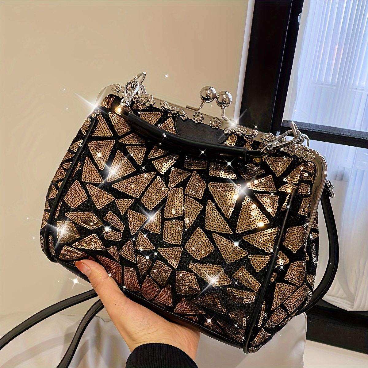 

Sac Bandoulière Chic à Paillettes Dorées pour Femme - Sac à Épaule Tendance avec Motif Géométrique, Doublure en Polyester