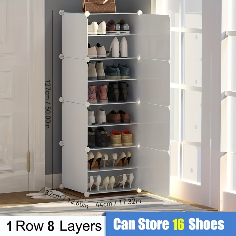 1pc Expandable Shoe Rack Organizer Cabinet With Doors, 8 Pairs Capacity, White, Modern Plastic Shoe Holder, Portable & Sturdy, 1row, 4/6/8/10layers