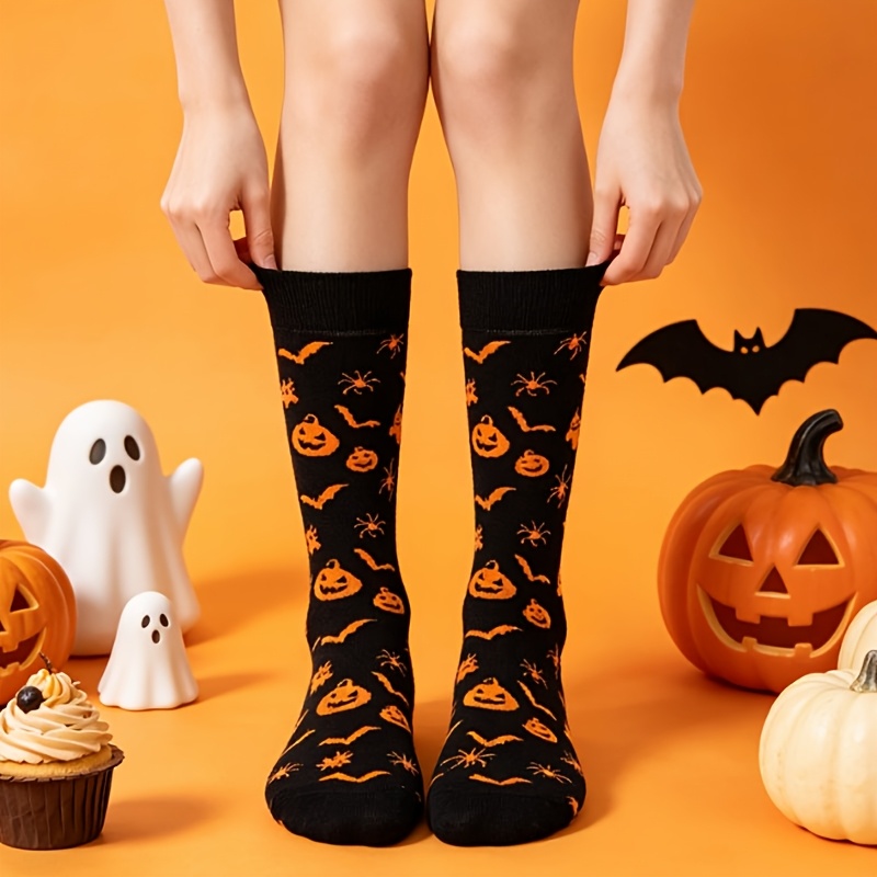 TEMU 1 Paire Unisexe Multicolore, Fond Noir Citron Orange Chauve-Souris Araignée, Style Halloween Décontracté Toutes Occasions Doux Confortable,