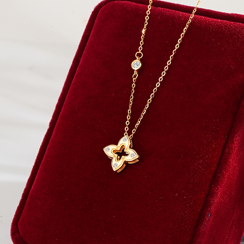 TEMU 1pc Elegant French-inspired Clover Pendant Necklace - Luxurious Hollow Design With Sparkling Cubic Zirconia, Golden-tone Copper, Simple Yet Sophisticated Style For Or Gifting, Necklace For
