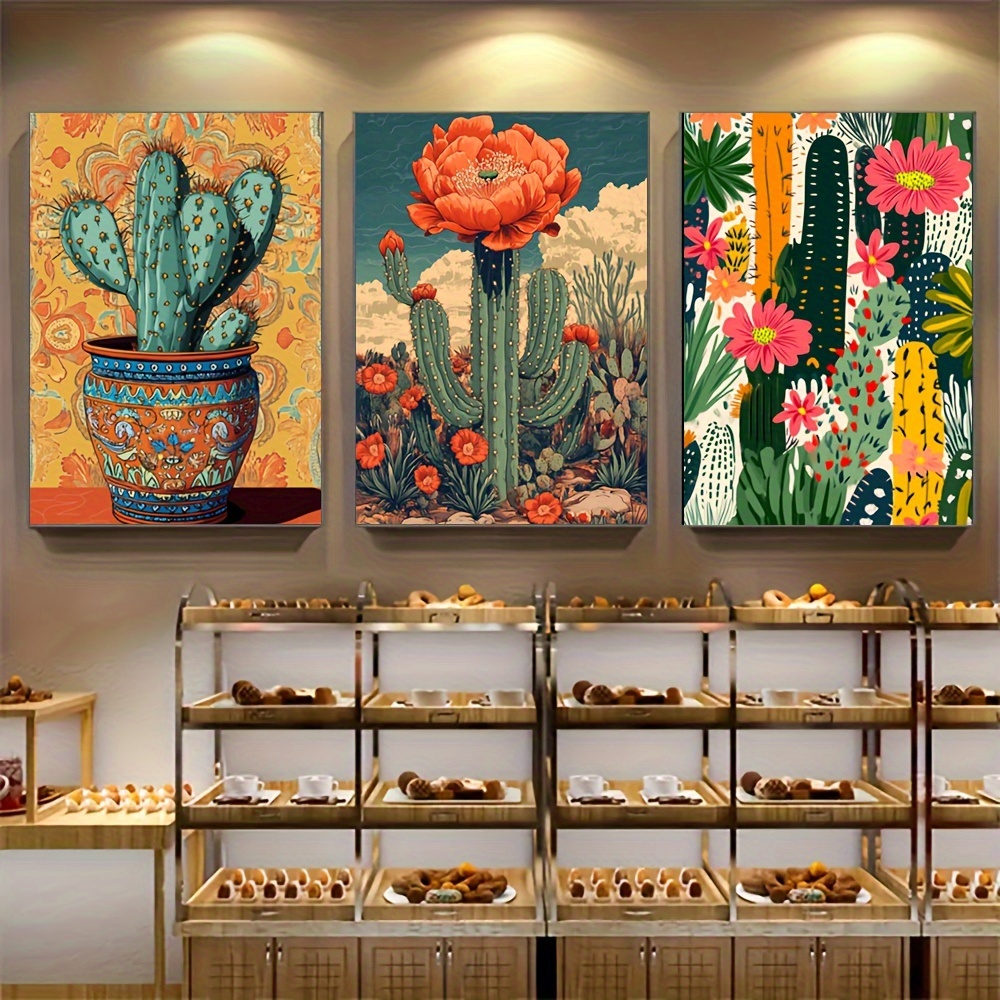 

Boho Style Wall Decor, 3pcs Vintage Mexican Cactus Canvas Posters - Reusable, Plant Theme Rectangular Wall Art For Bedroom, Living Room, Hallway