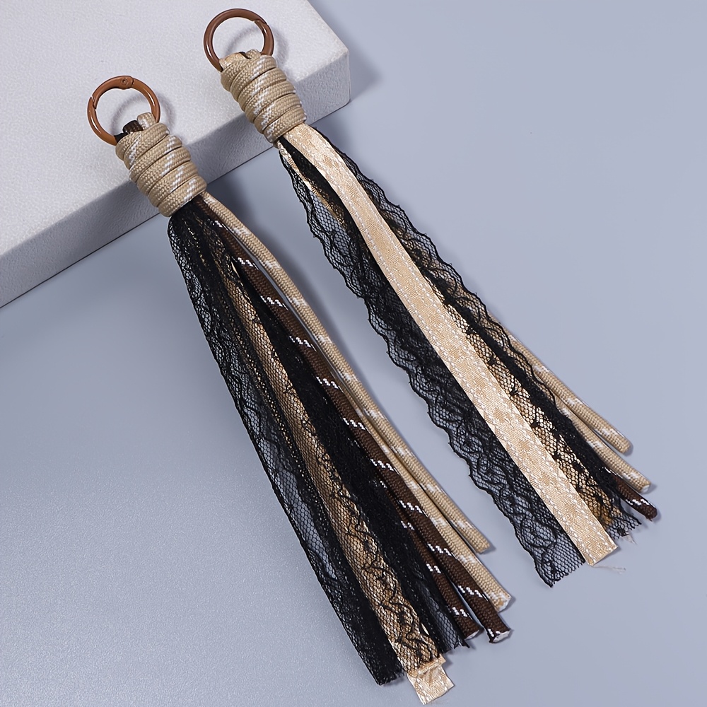TEMU 2pcs Black And Gray Polka Dot Flower Tassel Lace Ribbon Keychain Pendant Chain Sweet Fabric Key Ring Additions For Phone, Bags, Or Dolls,