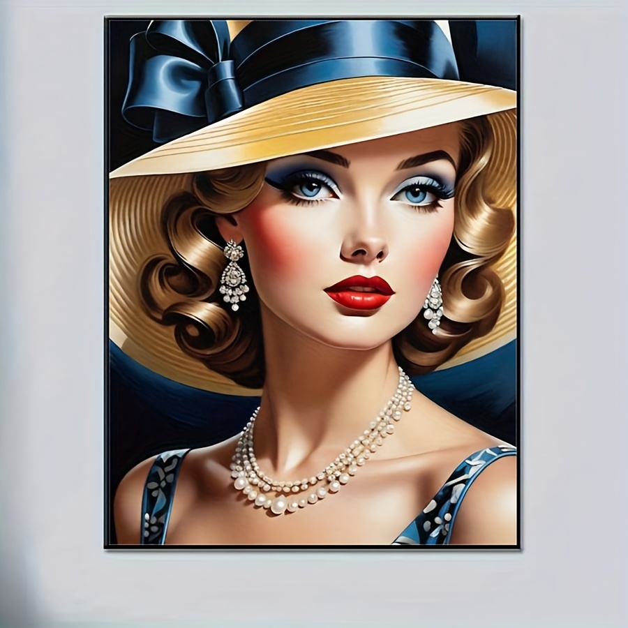 

Elegant Lady With Hat And Pearls Diamond Painting Kit - 30x40cm Diy Acrylic Round Diamond Embroidery Art For Home Decor