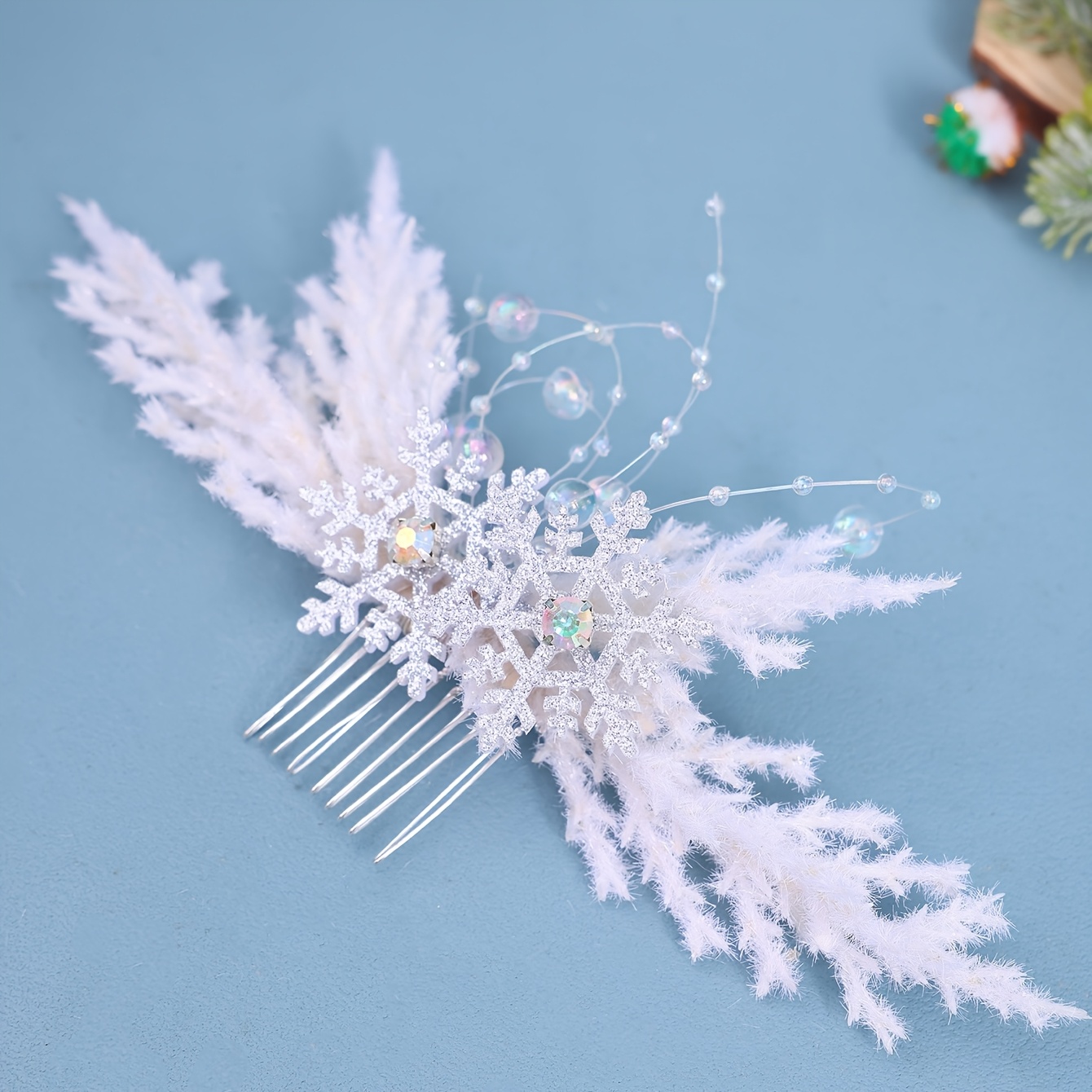 Image of Elegant Snowflake Hair Comb With Crystal Beads - Handcrafted, Fairy-themed Women's Hair Accessory For Christmas & Parties