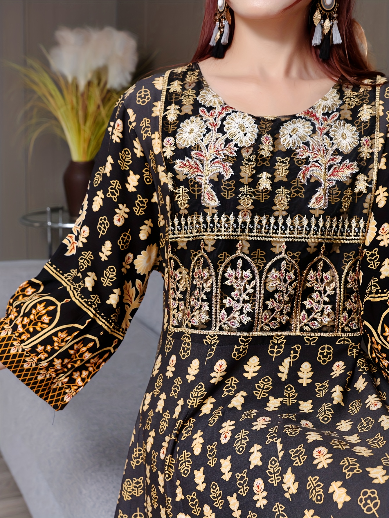 elegant bohemian embroidered maxi dress black golden floral Temu