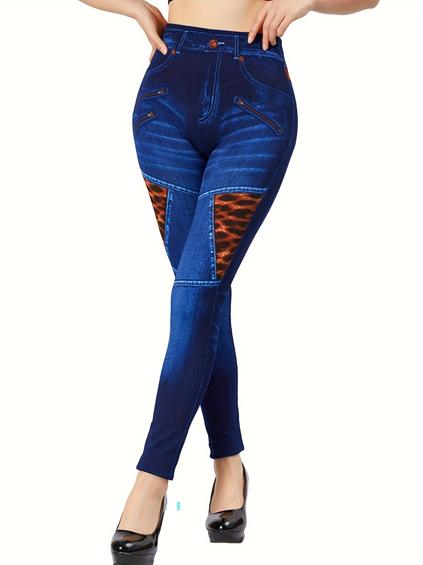 Fashion Faux Denim Print Sports Leggings For Women, High Waisted Yoga Pants  For Workout Running, Women's Activewear