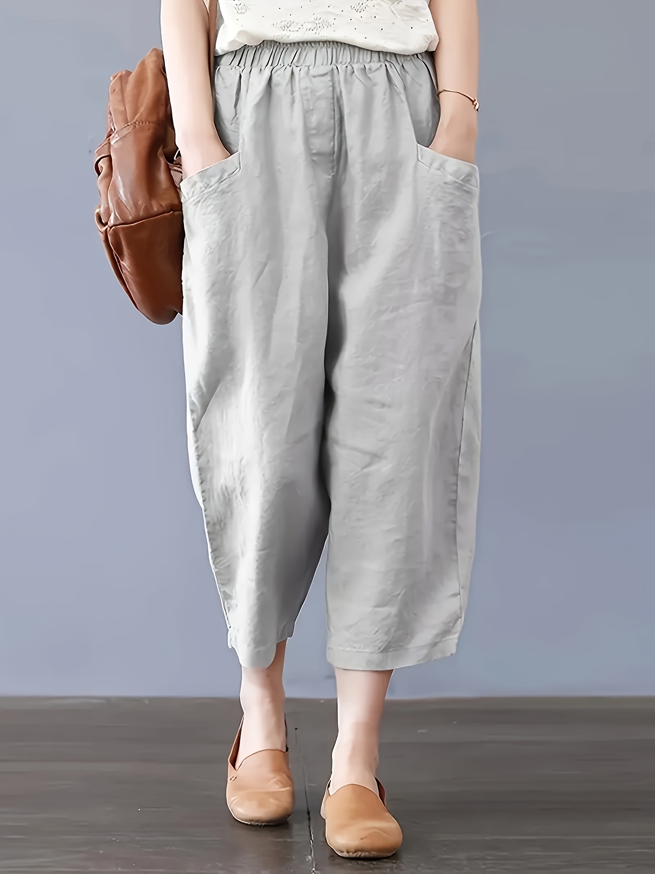 womens casual harem pants 7 8 pants comfortable elastic waist solid color with pockets   for spring summer and autumn
