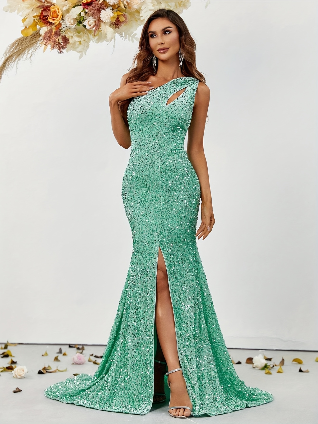 emerald green sequin one shoulder bodycon evening gown high - Temu Bahrain