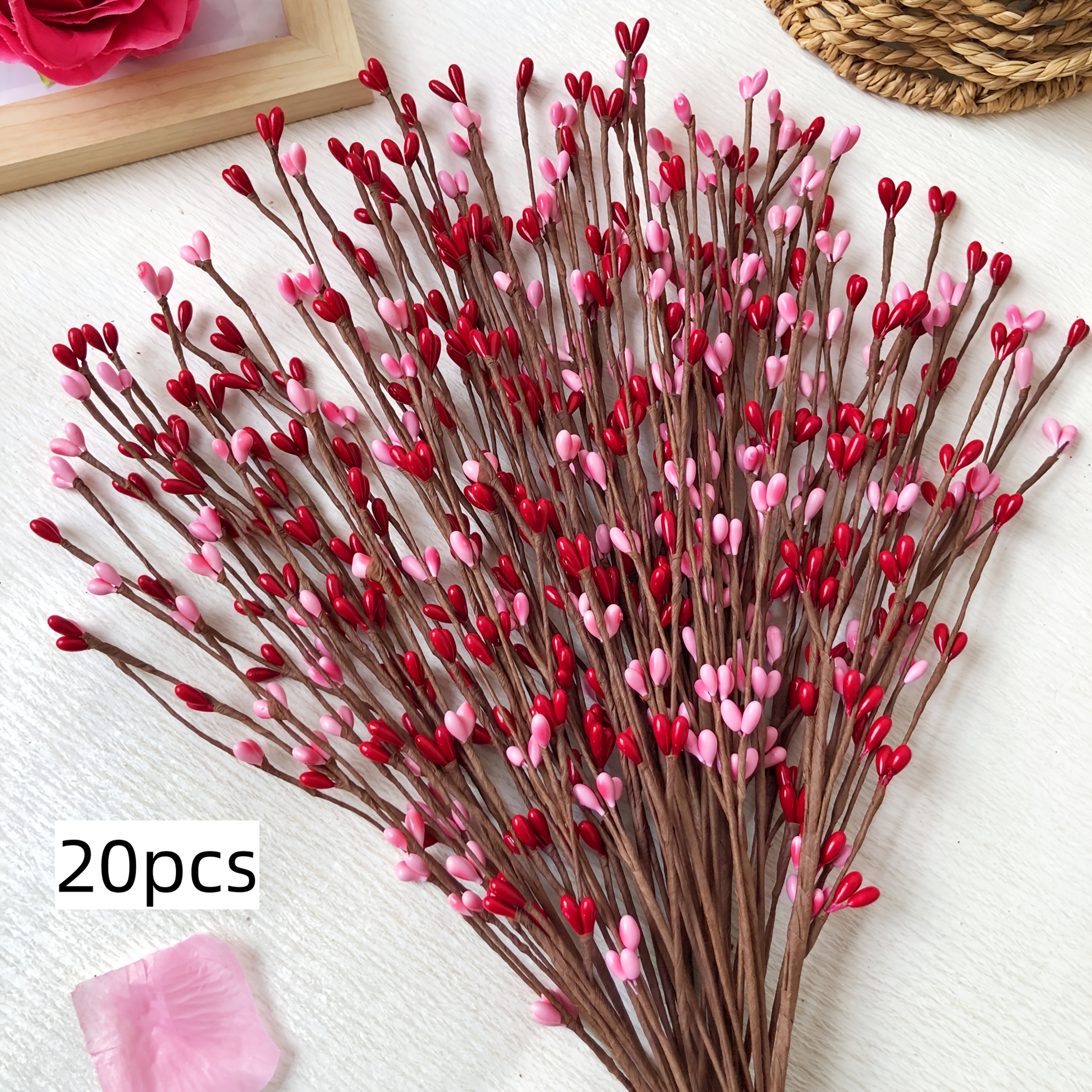 20-pack Red And Pink Heart-shaped Berry Artificial Flowers | Handcrafted Stems For Valentine's Day, Mother's Day, Wedding Decorations, Tabletop And Party Ornaments, Plastic Material