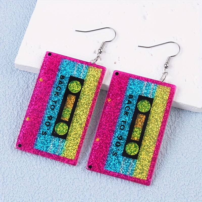 TEMU 1 Par de Pendientes Retro - Pendientes Colgantes Fluorescentes con Diseño Vintage de Cinta Magnética, Ligeros y Cómodos para Atuendos Casuales,