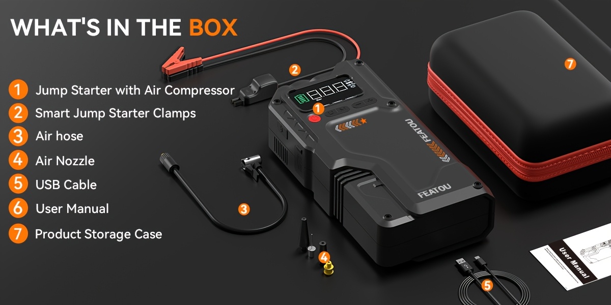 7000a jump starter with air compressor portable car jump starter 5000a 7000    pack with150psi digital tire inflator car battery charger portable for 10   or 9 0l diesel fast charging usb output led emergency lighting Product details 6
