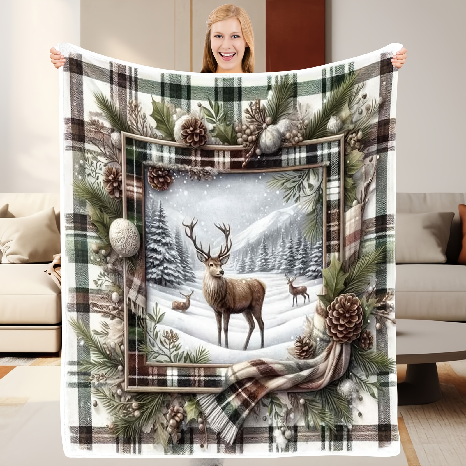 TEMU 1pc, Deer In Snow, Flannel Blanket, Soft, Warm, Rustic Print, For Living Room, Room, Sofa, Use, Halloween | Christmas | Room Decor | Fall