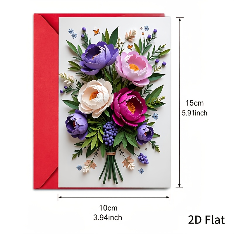 TEMU 2pcs (1 Greeting Card + 1 Envelope) Paper Art Peony Bouquet Greeting Card With Colorful Paper Flower Pattern, Blank Inner Page Message Card, For