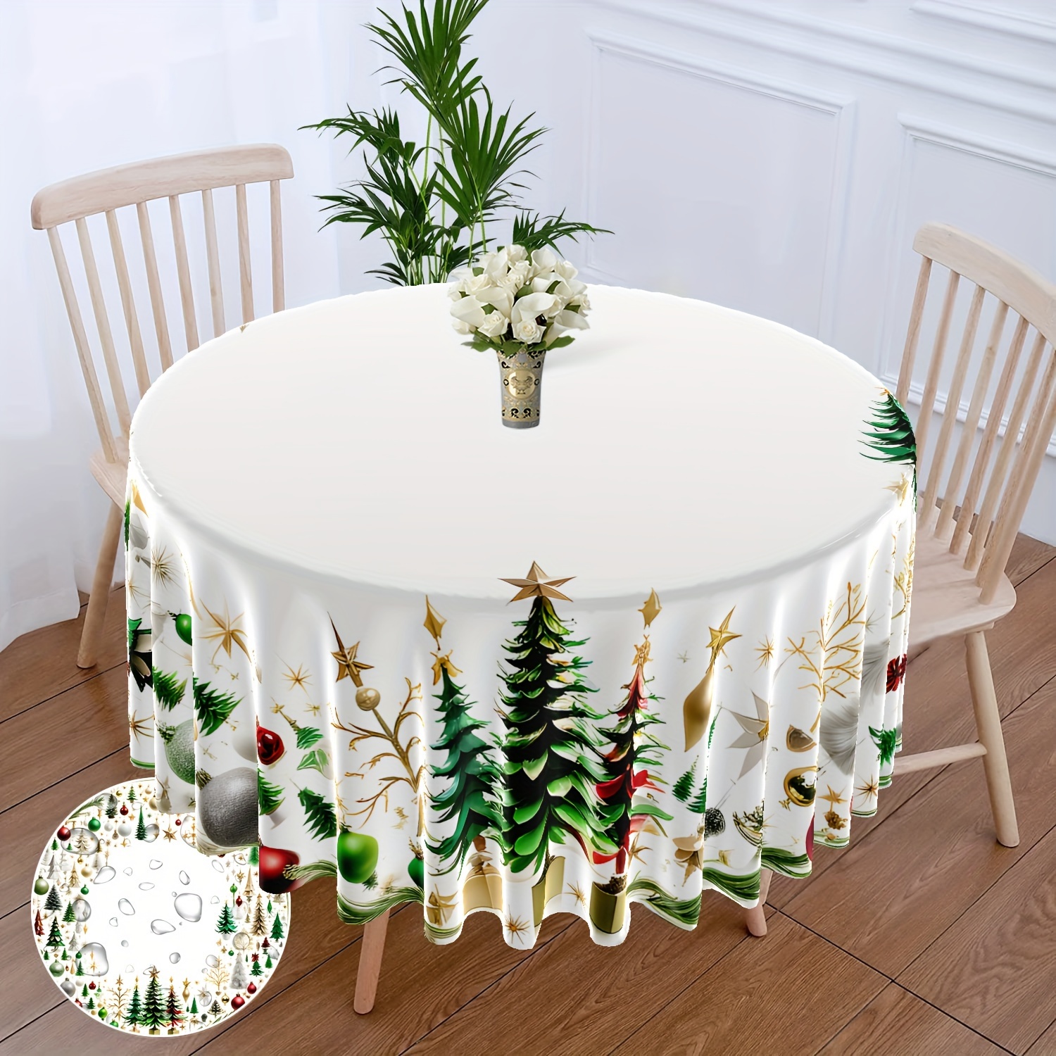 

Christmas Cartoon Tree Pattern Round Tablecloth 63 Inch - Waterproof Polyester Table Cover For Holiday Festivity, Machine-woven Dining Decor, Suitable For 4-6 Seats