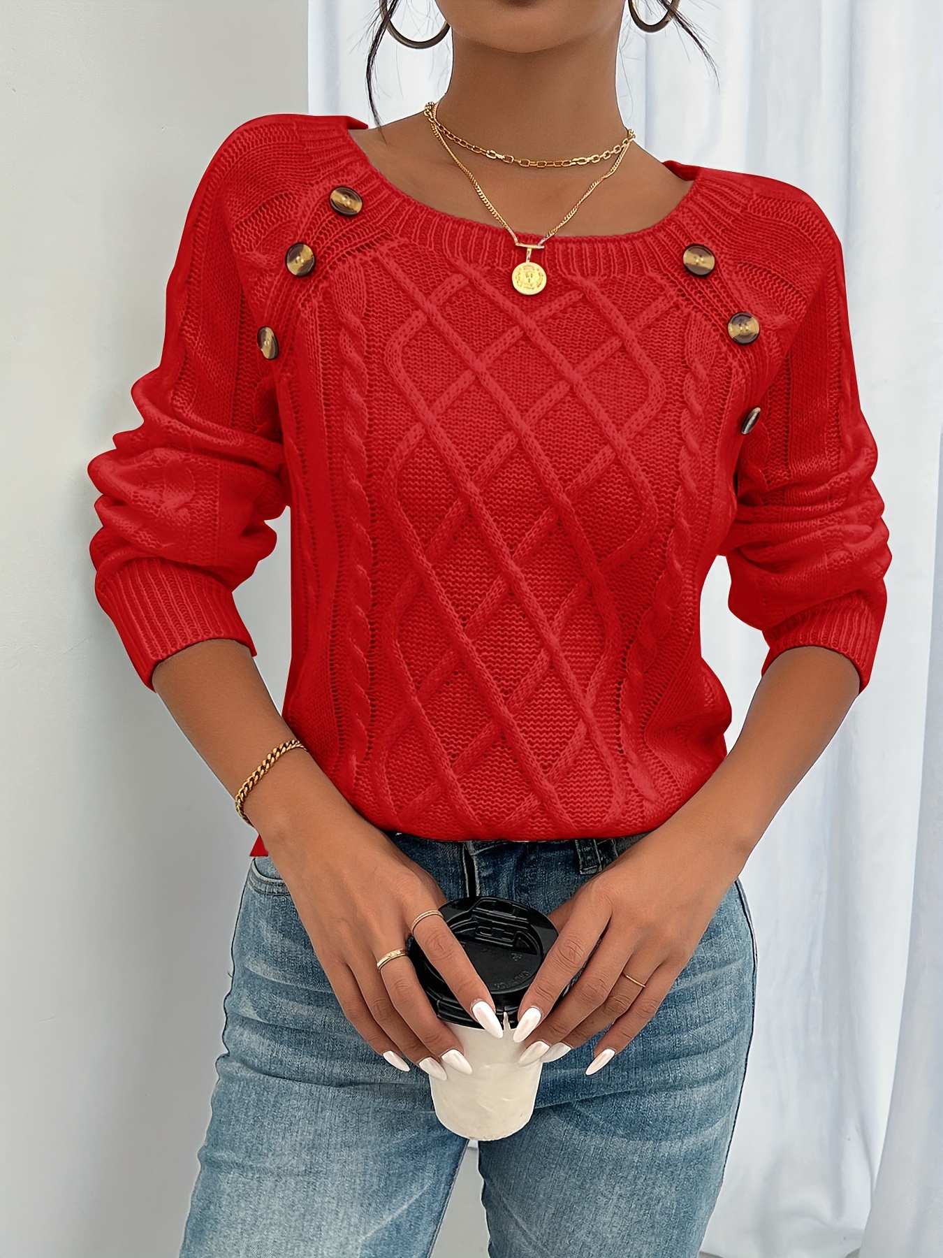 long sleeve cable knit sweater casual crew neck sweater womens clothing