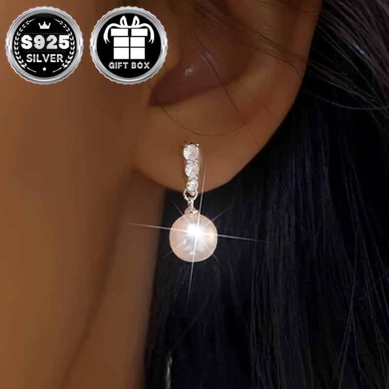 

2pcs Vana Elegant Simple Stud Earrings, 925 Sterling Silver With Pearl & Cubic Zirconia, , Gift Box Included, Christmas & Banquet