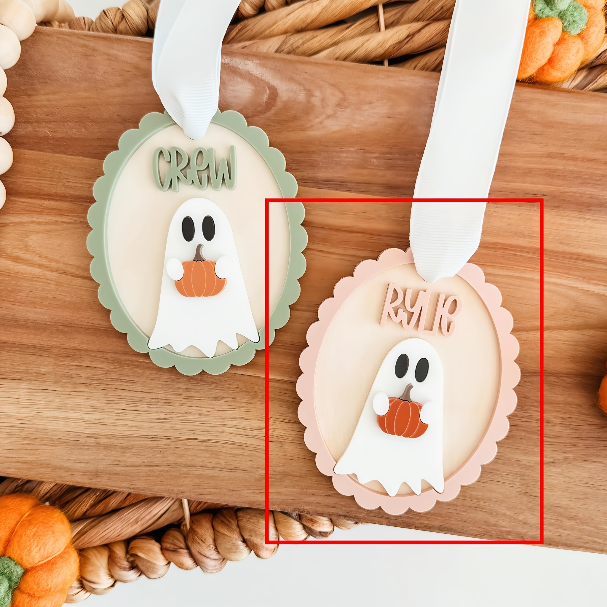 TEMU Premium Custom 3d Acrylic And Wood Halloween Harvest Decor Tag, Personalized Ghost Identifier For Boo Baskets And Bags, Handcrafted Scalloped