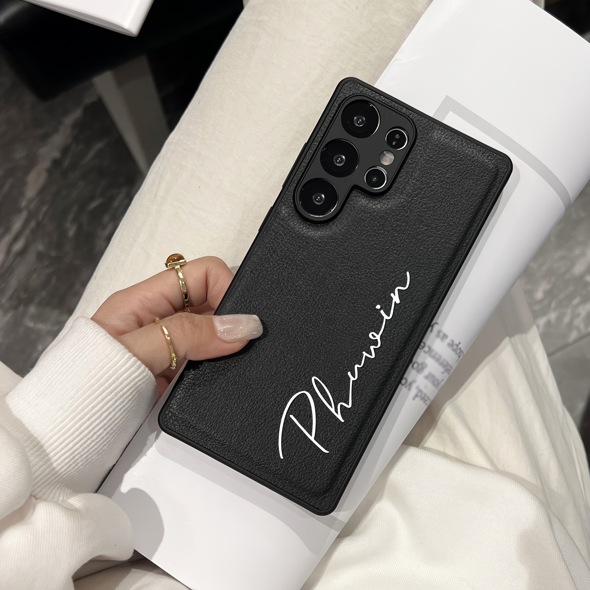 TEMU Phone Case: Personalized Custom Letters Name Synthetic Leather Shockproof Phone Case Commemorative Gift Compatible With Galaxy S25 S24 S23 S22