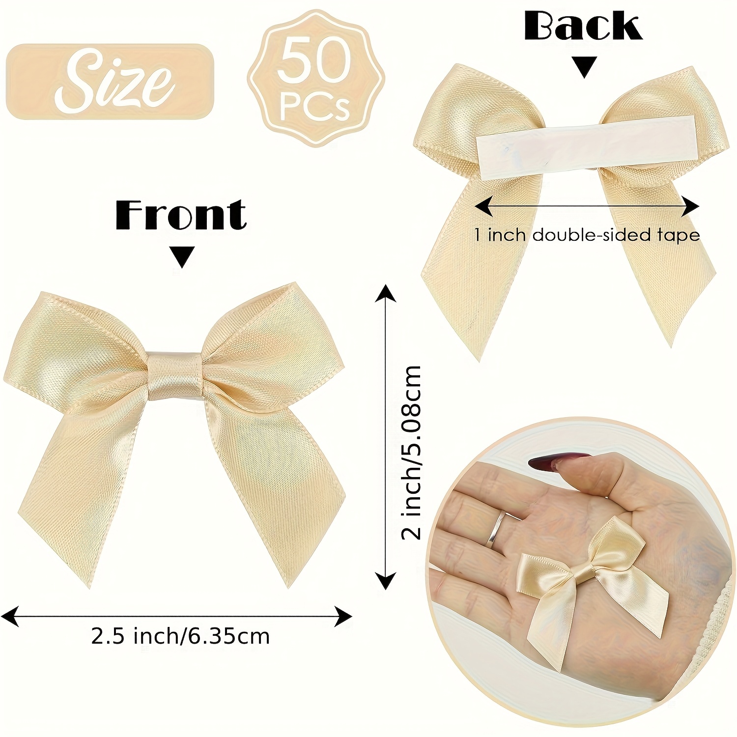 50pcs Golden Satin Ribbon Bows 2" - Self-adhesive, Double-sided Tape For Wrapping And Crafts - Perfect For Showers, Birthdays, Weddings