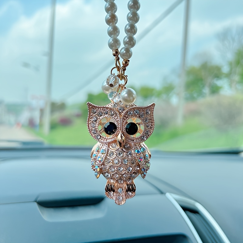 Image of Creative Diamond-encrusted Alloy Owl Car Interior Pendant, Exquisite And Cute Diamond Car Rearview Mirror Hanging Ornament