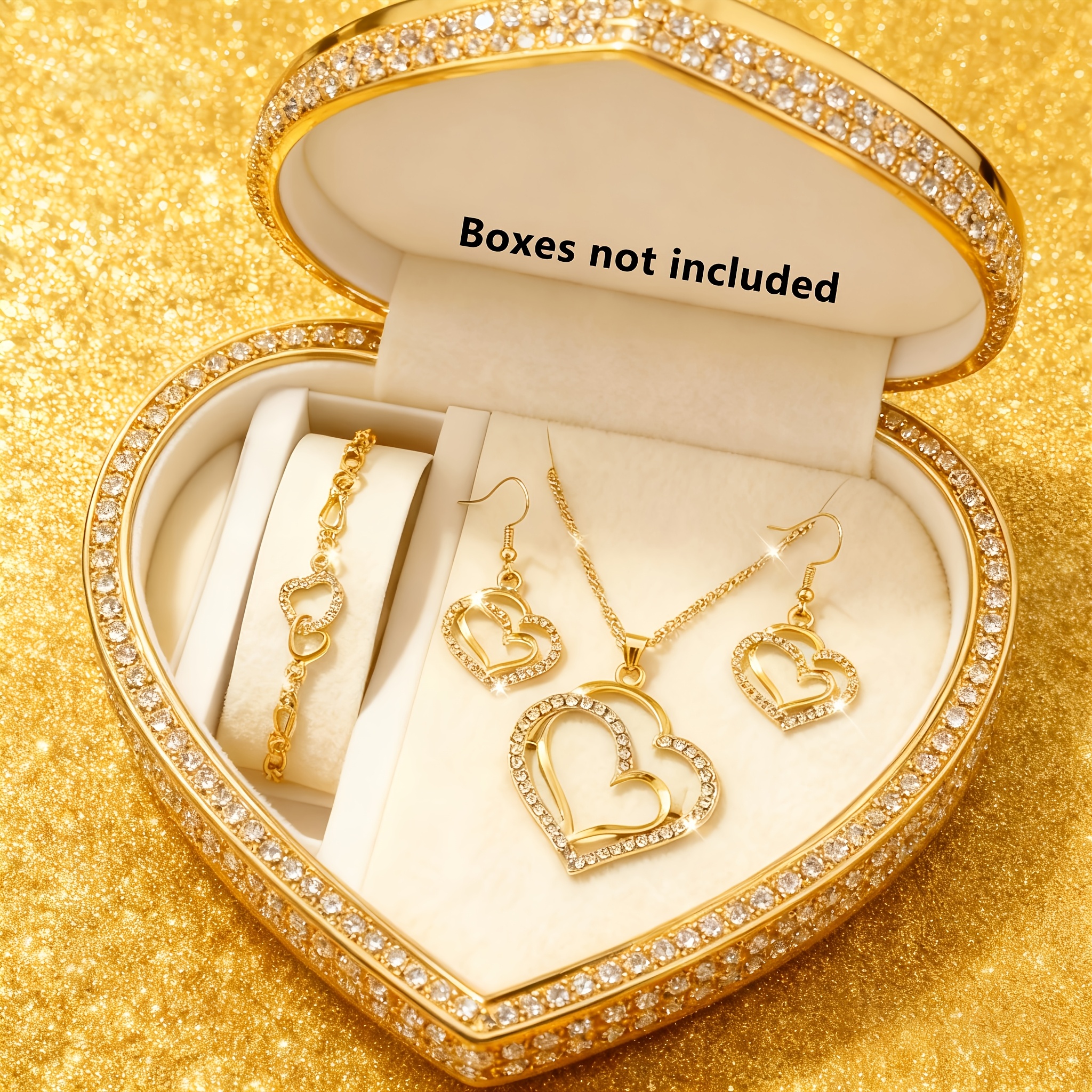 E-shop 4-teiliges modisches, elegantes herzförmiges Damen-Schmuckset, hohle Liebesanhänger-Halskette, Ohrringe und Armband, exquisites Schmuckgeschenk,