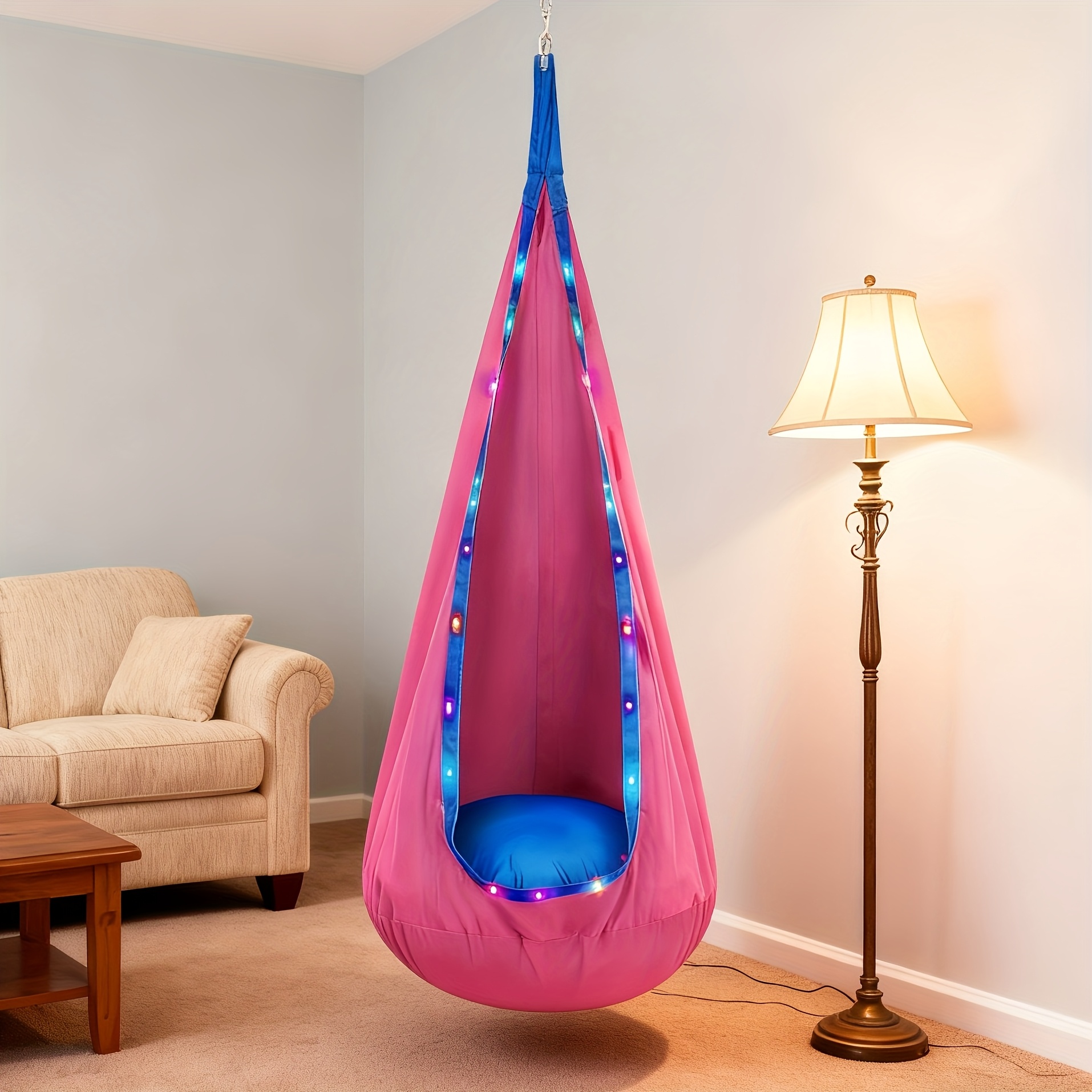 TEMU Hanging Chair Swing Hammock With Led/no Led Light, 1 Count Colorful Swing Chair With Inflatable Cushion, Outdoor Camping Hanging Chair Swing Hammock Hanging