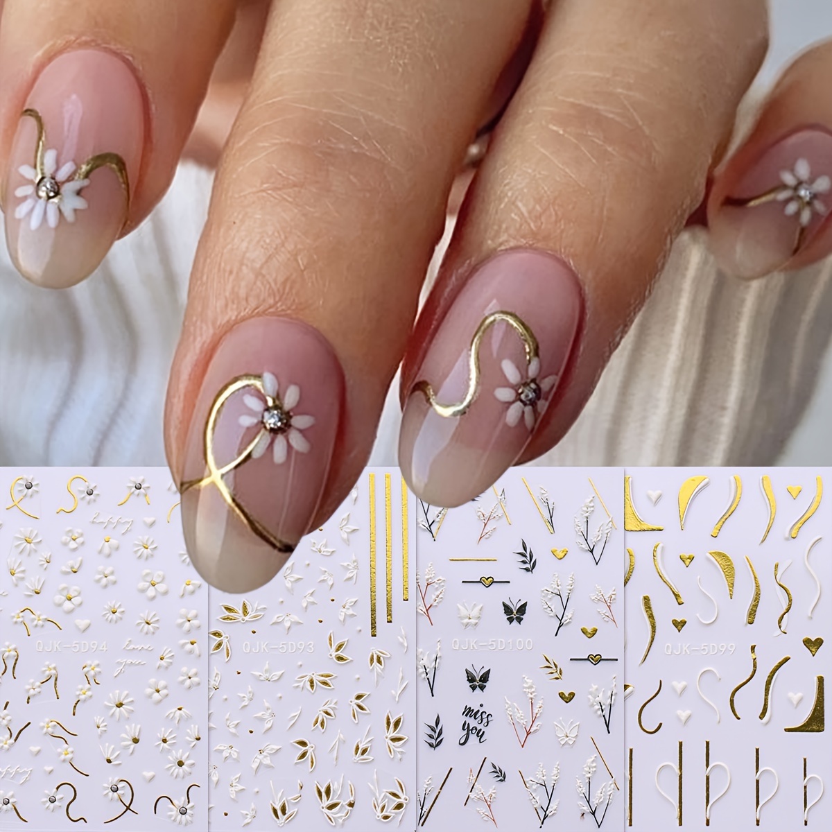 

4 Sheet Flower Leaf Butterfly Design Nail Art Stickers, Spring Embossed Nail Art Decals For Nail Art Decoration,self Adhesive Nail Art Supplies For Women And Girls