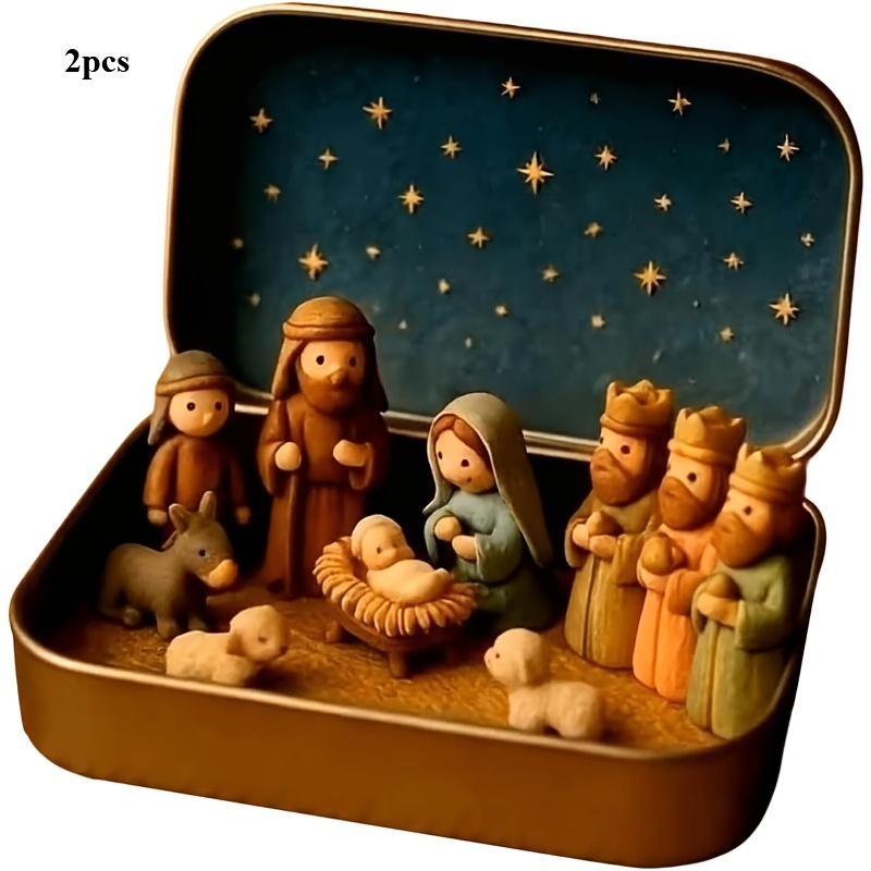 Image of Handcrafted Tin Christmas Nativity Miniature Scene, Pocket-sized Portable Birth Figurine, Mary, Shepherds, And Animal Ornaments, With Optional Hand-painted Christmas Decorations