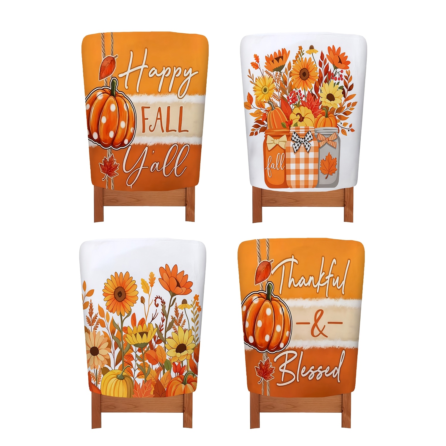 TEMU 4 housses de chaise "Happy Fall " de 20 x 24 pouces, housses de protection rustiques pour chaises avec citrouilles, fleurs et remerciements,