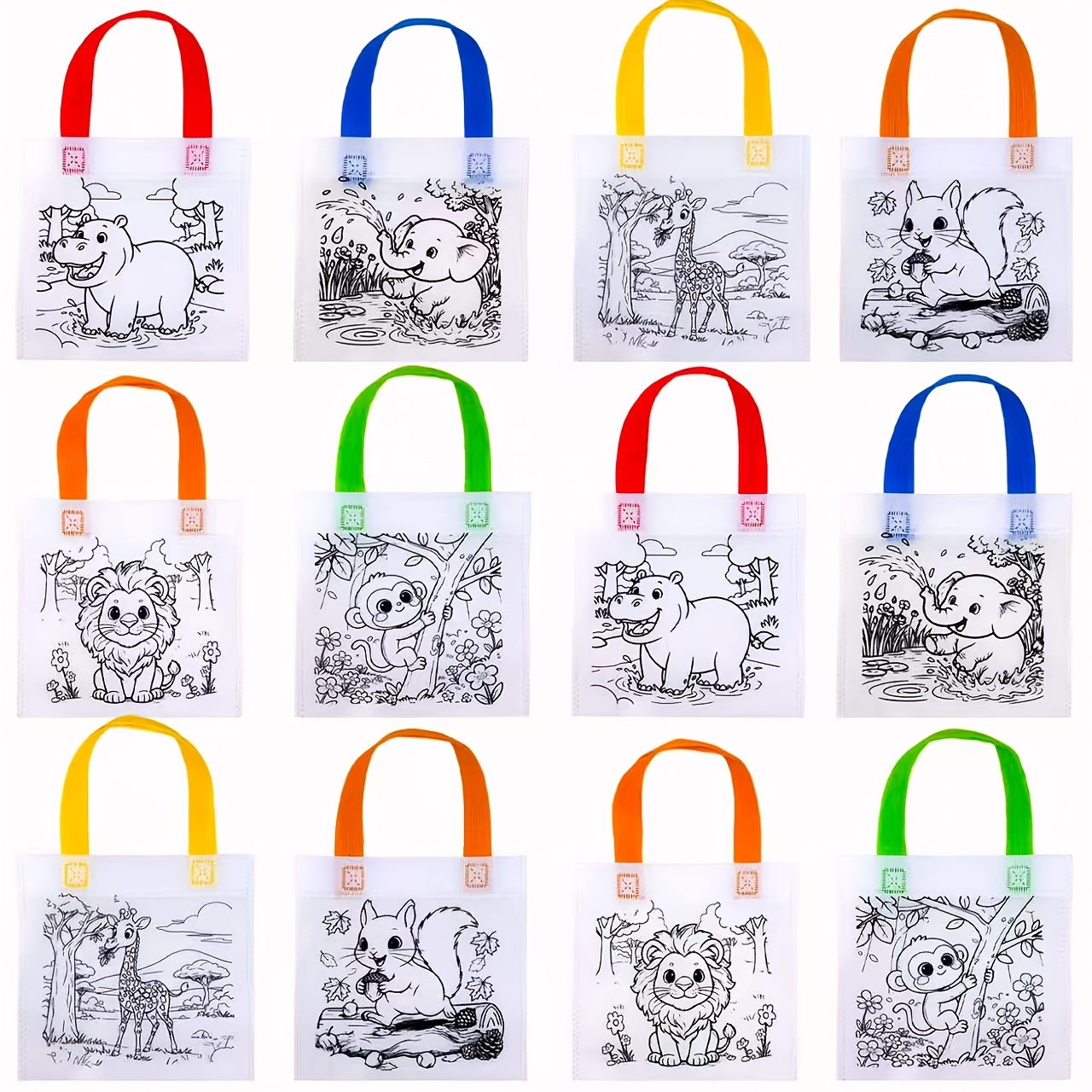 TEMU 12 sacs cadeaux graffiti sur le thème des animaux, sacs de coloriage à poignée colorée réutilisables, singe, , éléphant, hippopotame, lion,
