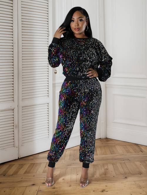 round neck long sleeve sequin fitted top and ankle length pants party two piece set