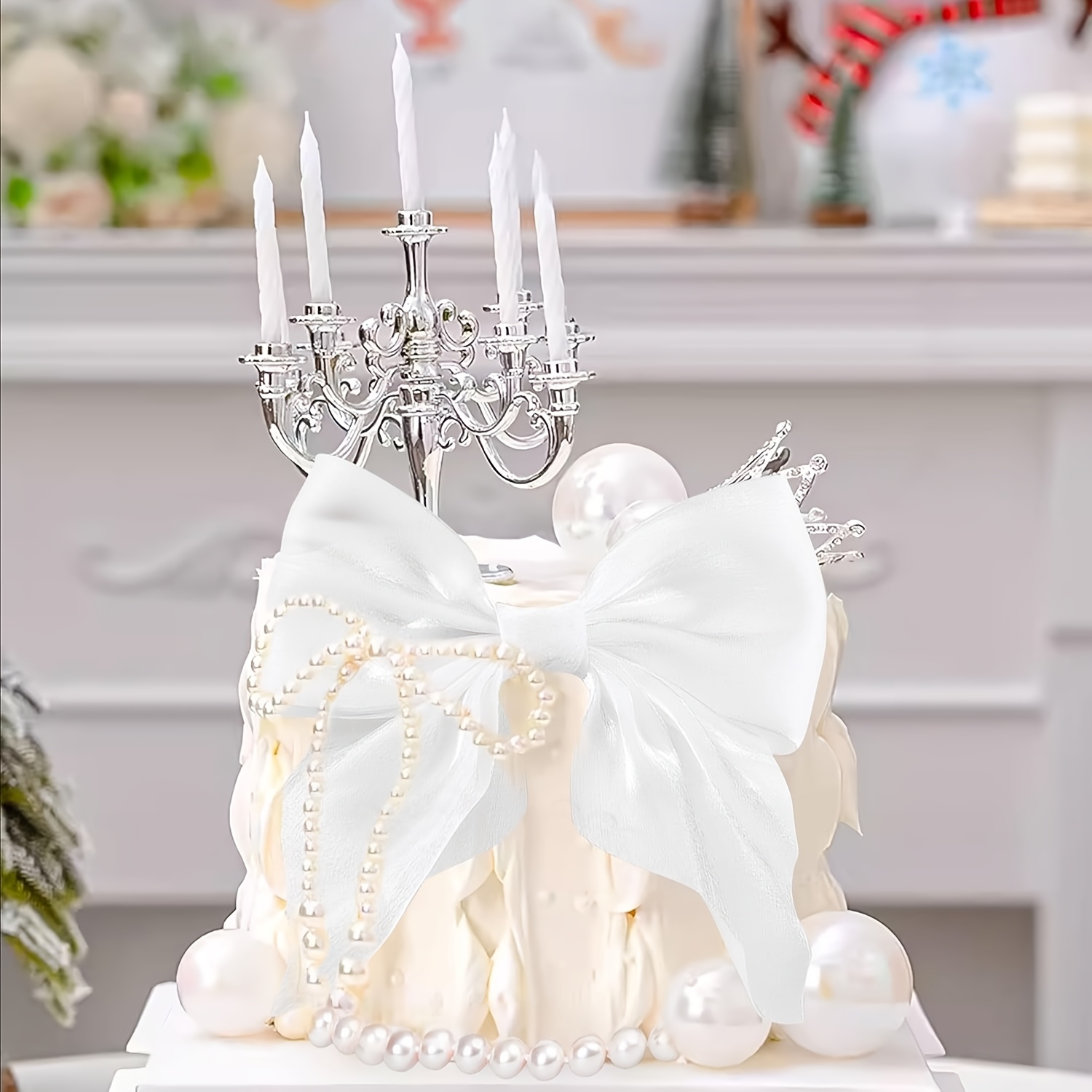 11PCS White Imitation Pearl Bow Cake Toppers - Elegant Birthday Wedding Baby Shower Decorations