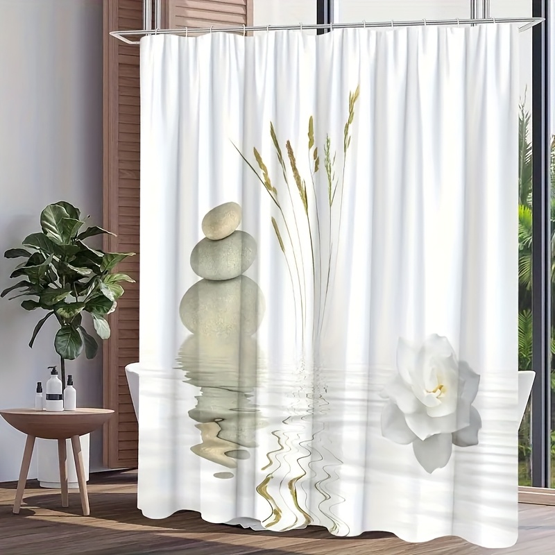 TEMU 1pc Nature-inspired Shower Curtain With Stone Pile, Wheat Straw & White Peony Reflection Design - Durable Polyester Fabric, Hand Wash Only,