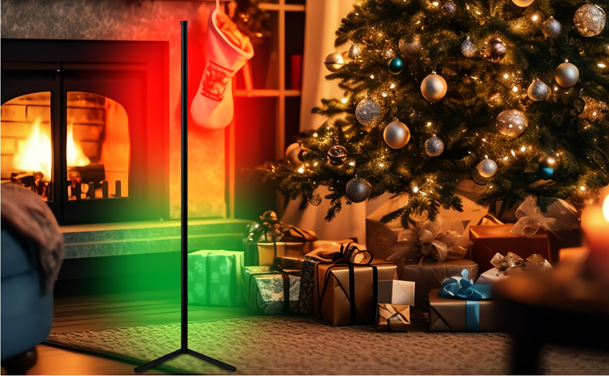Lampe de sol d'angle RGBIC avec 16 millions de couleurs vibrantes, alimentée par USB, contrôle via application intelligente, synchronisation musicale, 1600 options de couleurs, à intensité variable, fonction minuterie, noire, idéale pour Noël, chambre à coucher, salon