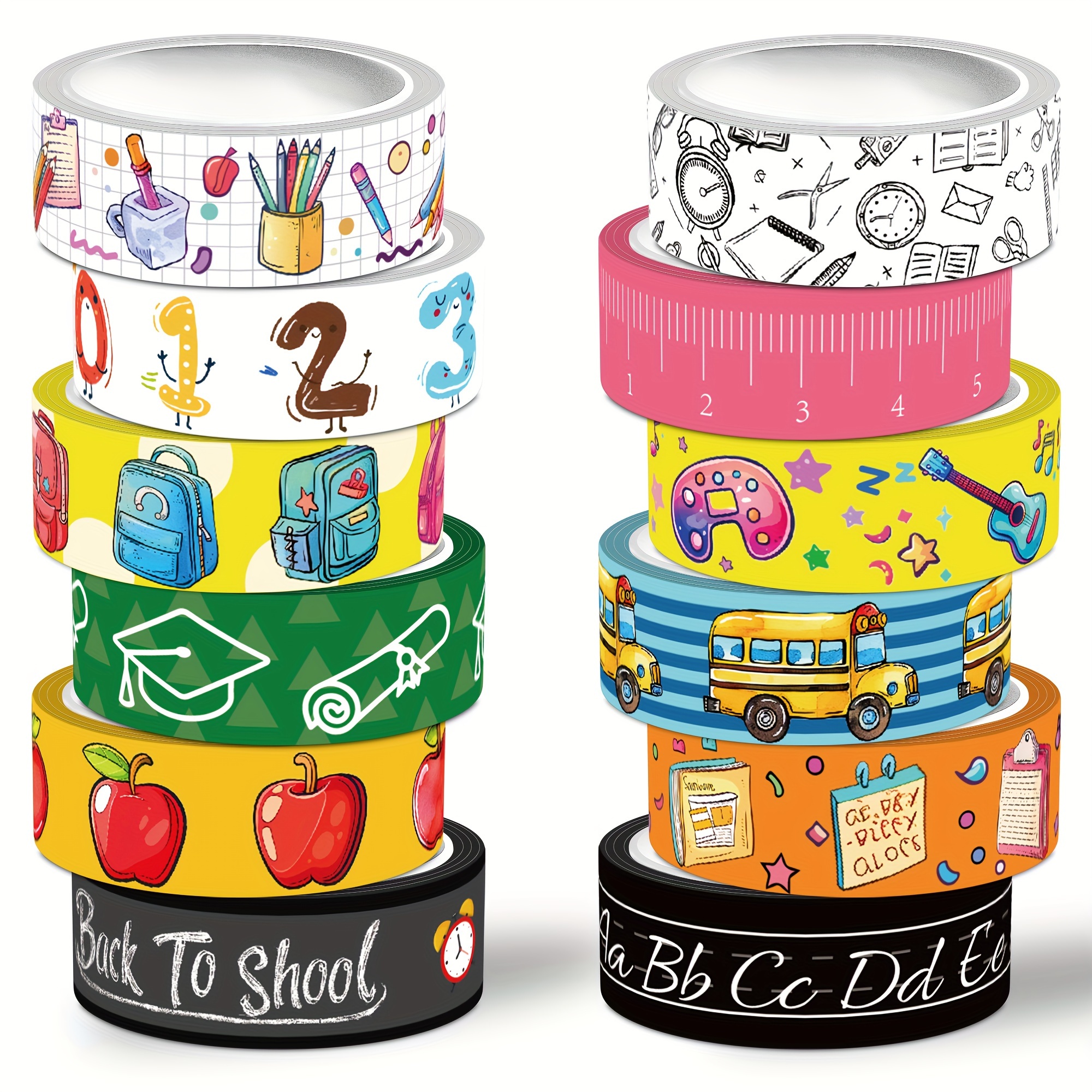 Image of Back To With A Set Of Washi Tape, 12 Rolls For Backpacks, Decorative Tape For School Buses, Pencils, Alarm Clocks, Masking Tape, Suitable For Stationery, Scrapbooking, Crafts, And Gift Wrapping