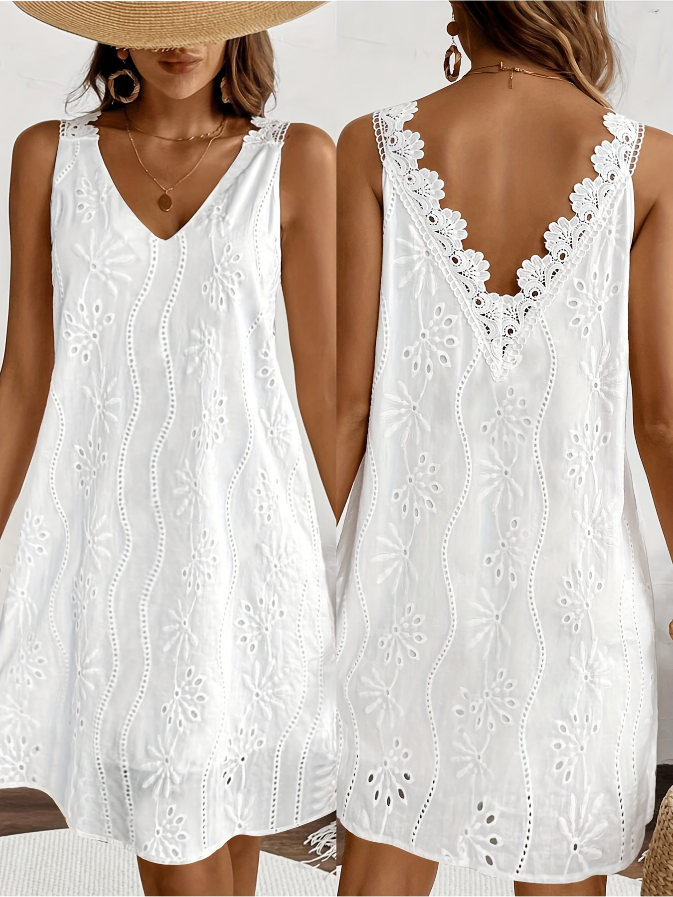womens casual v neck sleeveless summer dress with hollow floral lace splicing lightweight machine washable solid color a line dress for beach picnics casual   beach dresses beachwear essentials nontransparent fabric