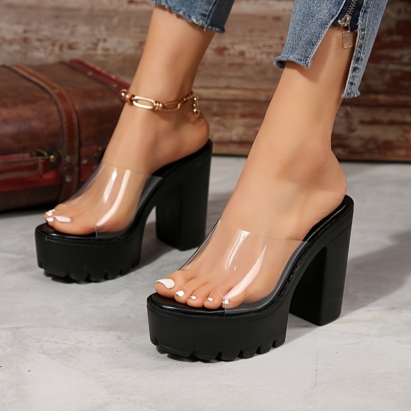 

Women's Platform Super High Heeled Sandals, Transparent Upper Open Toe Slip On Block Heels, Fashion Going Out Sandals