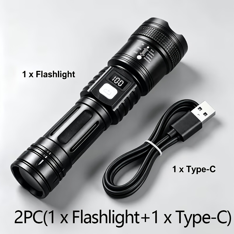 TEMU High-brightness Led Long-range Flashlight, Rechargeable Portable Spotlight With Searchlight Design, 3-level Lighting, Lcd Battery Indicator,