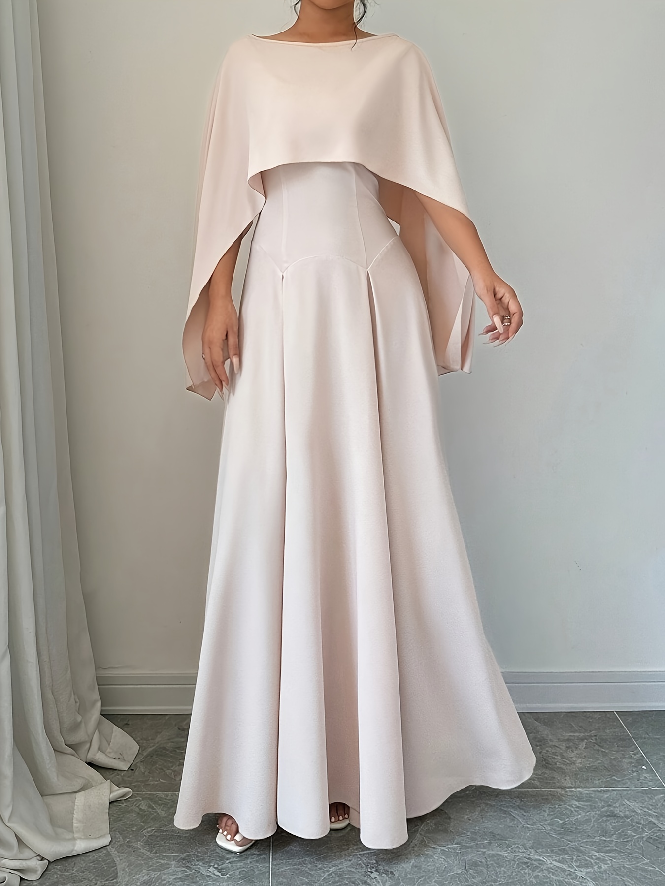 casual cape dress Solid *-Shoulder Cape Dress, European and American Fast Fashion, Women's  Elegant Casual Sleeveless * Party Cape + Dress Set, Elegant Loose Cape *  Long Dress for Evening Banquets, Fashion Events,