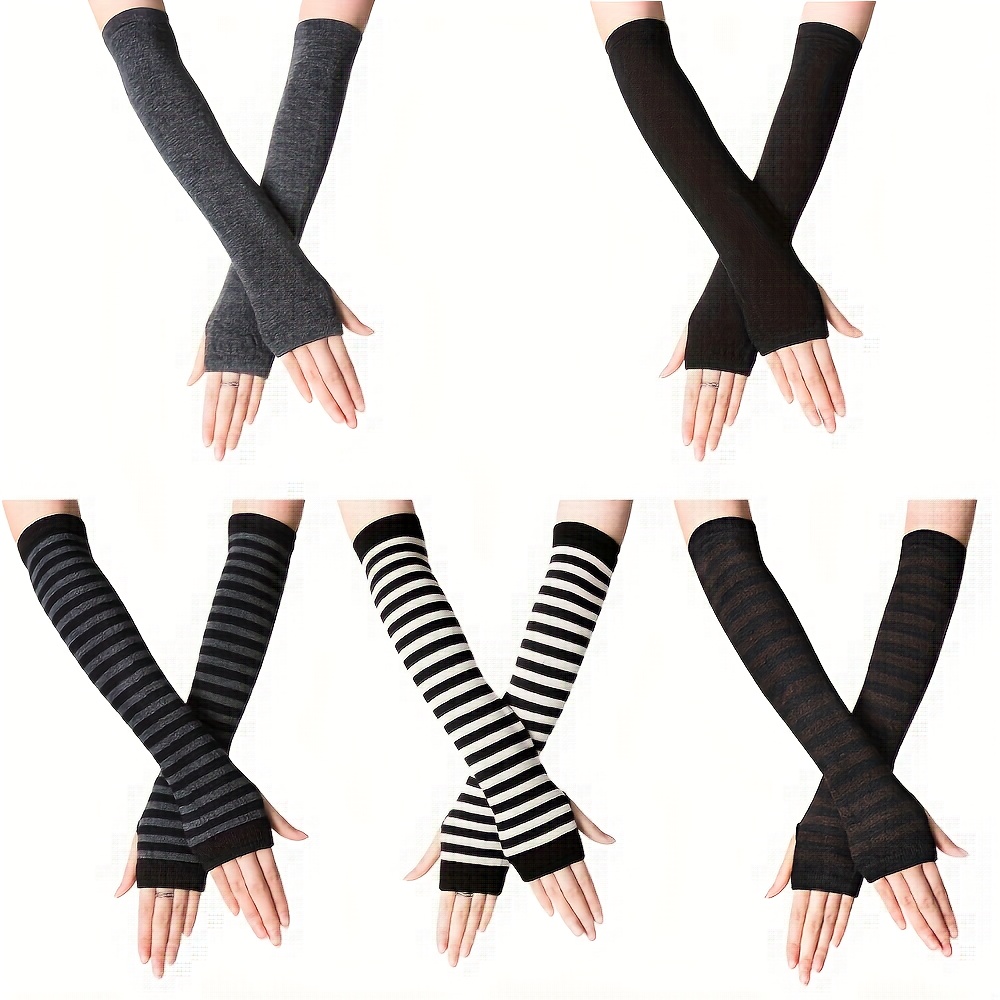 TEMU 5 Pairs Women's Y2k Striped Fingerless Gloves - Soft Warm Long Arm Covers With Thumb Hole, Touchscreen Compatible, And Stretchy Machine Washable