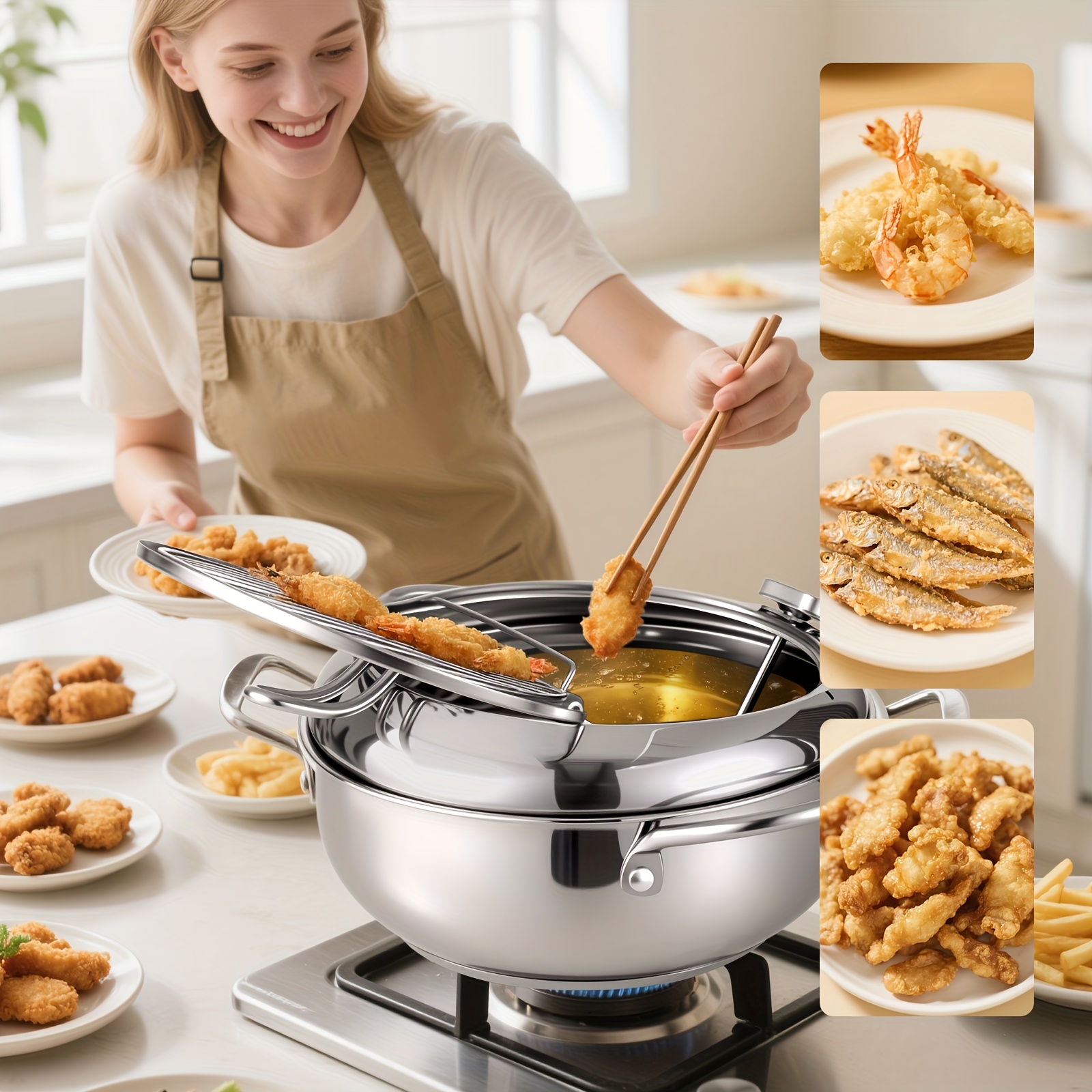 E-shop Edelstahl Fritteuse mit Thermometer, Deckel und Ölabtropfregal, 20 cm Bratpfannenabdeckung ideal für Pommes Frites, Garnelen, Chicken Wings,
