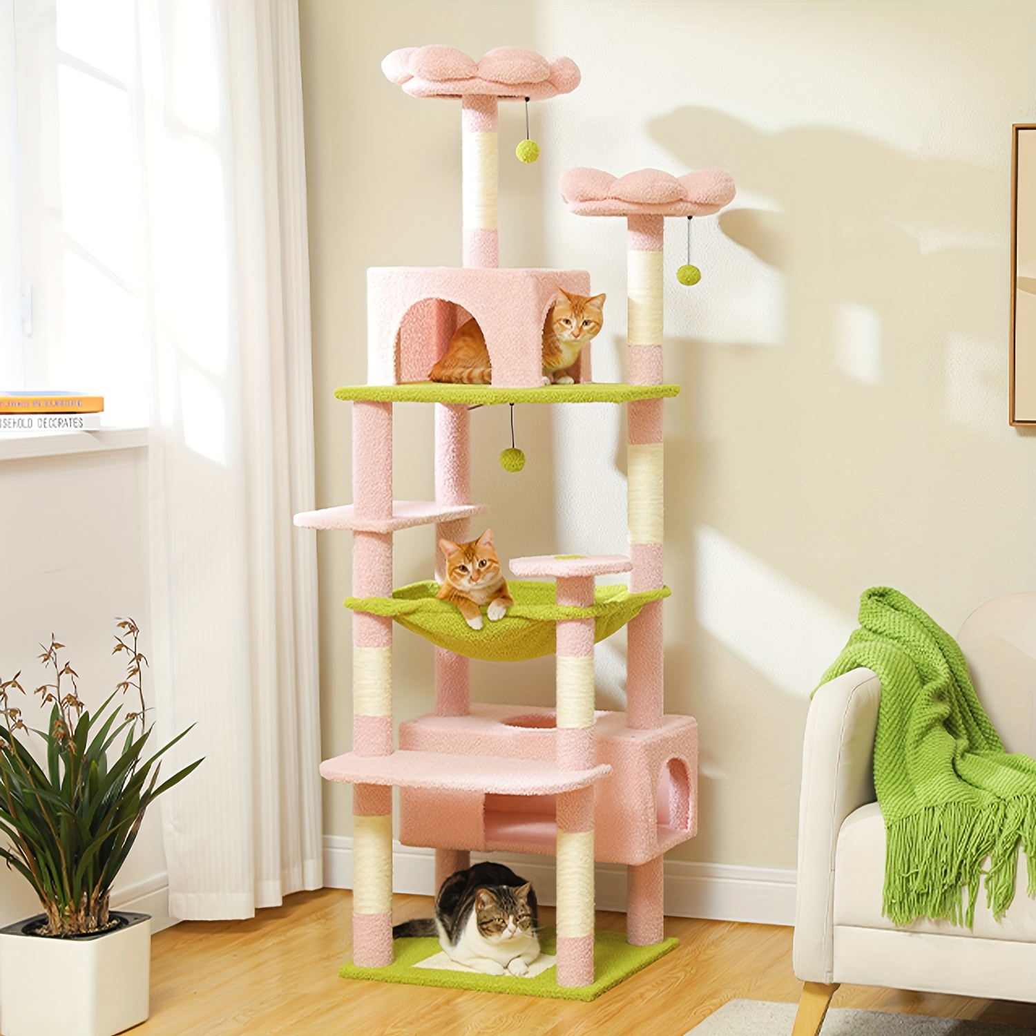 

Multi-level 72.4" Tall Cat Tree Tower With Sisal-covered Scratching Posts, 2 Condos, Hammock & 2 Plush Balls, Pink And Green Indoor Playhouse For Cats