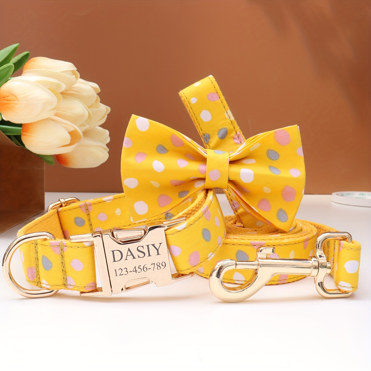 Custom Pastel Dog Collar and Leash Set with Bow