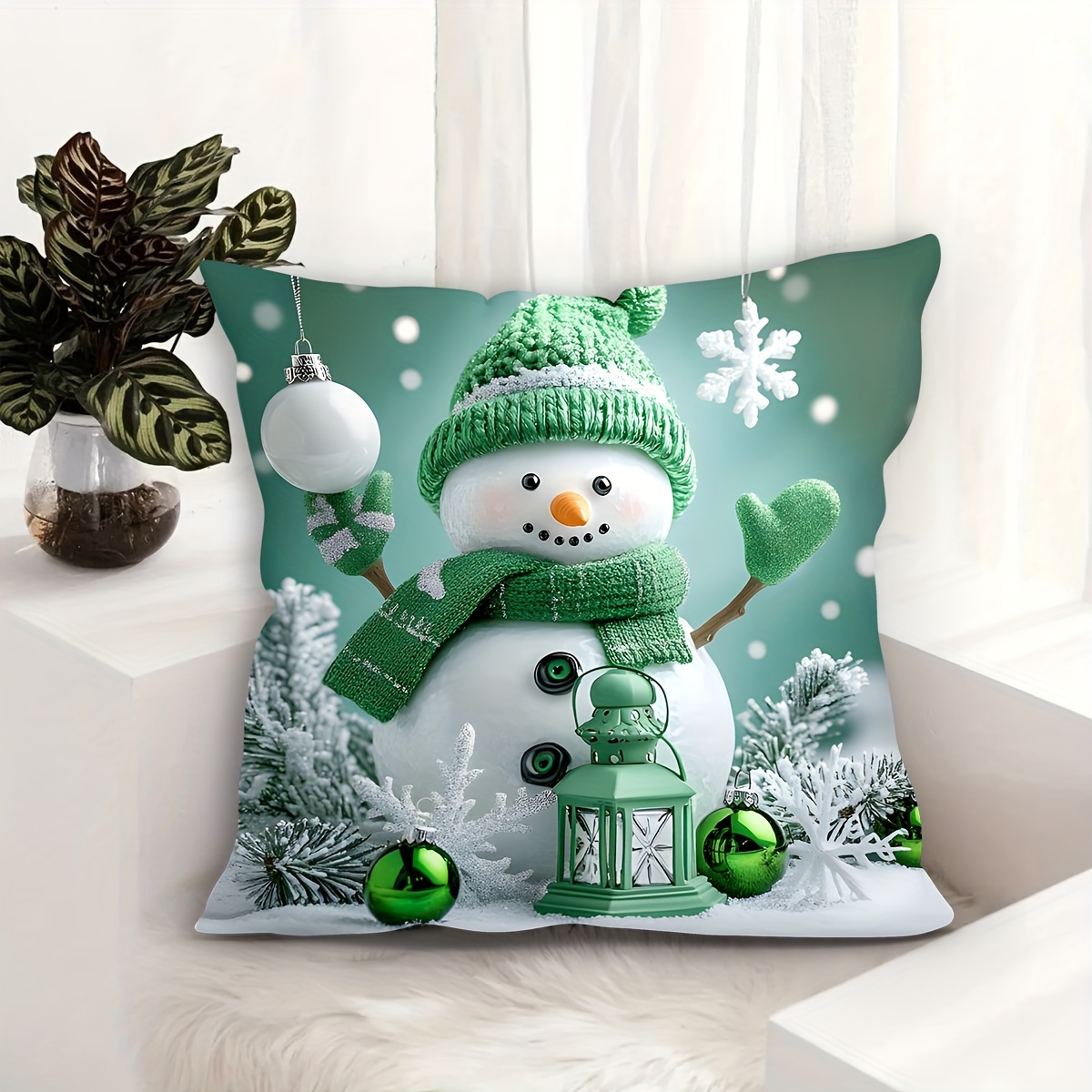 

1pc, Christmas Snowman Print Short Plush Pillow Case With Green Scarf And Hat Very Soft 17.7 "x17.7" Single Sided Print Without Pillow Pin Room Decor Office Decor Home Decor Car Decor