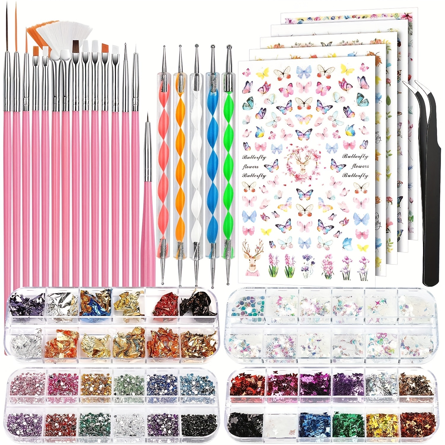 

Nail Art Brushes Set Dotting Pens With 12-grid Butterfly Sequins, Acrylic Powders, Foil Paper, Transparent Sequins & Nail Stickers Sheets For Manicure Decoration